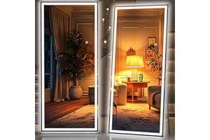 Hasipu Full Length Mirror with Lights, 210x90cm LED Lighted Floor Standing Mirror 3 Color Lighting, Full Body Dressing Hanging Mounted Mirrors, Dimmable, Tempered Glass, Safe to Use