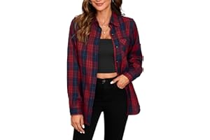 Stamain Womens Flannel Checked Shirts Casual Long Sleeve Plaid Shirt Ladies Classic Check Blouses Top with Pockets