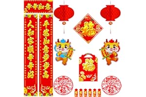 IRmm Chinese New Year Decorations 2024, 17Pcs Chinese Couplets Set with Chunlian, Fu Character Ornament, Window Decals, Year of Dragon Door Sticker, Red Envelopes, Red Lanterns, for Spring Festival