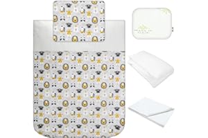 BABY IDEA Babysanity Lenzuola Next To Me Compatibili 5 pezzi: Cuscino Neonato Federa Cuscino Piumino Copripiumino Lenzuolo Angoli per Culla Lettino Neonato Chicco Kinderkraft Cam Brevi OEKO-TEX (Lion Friends)