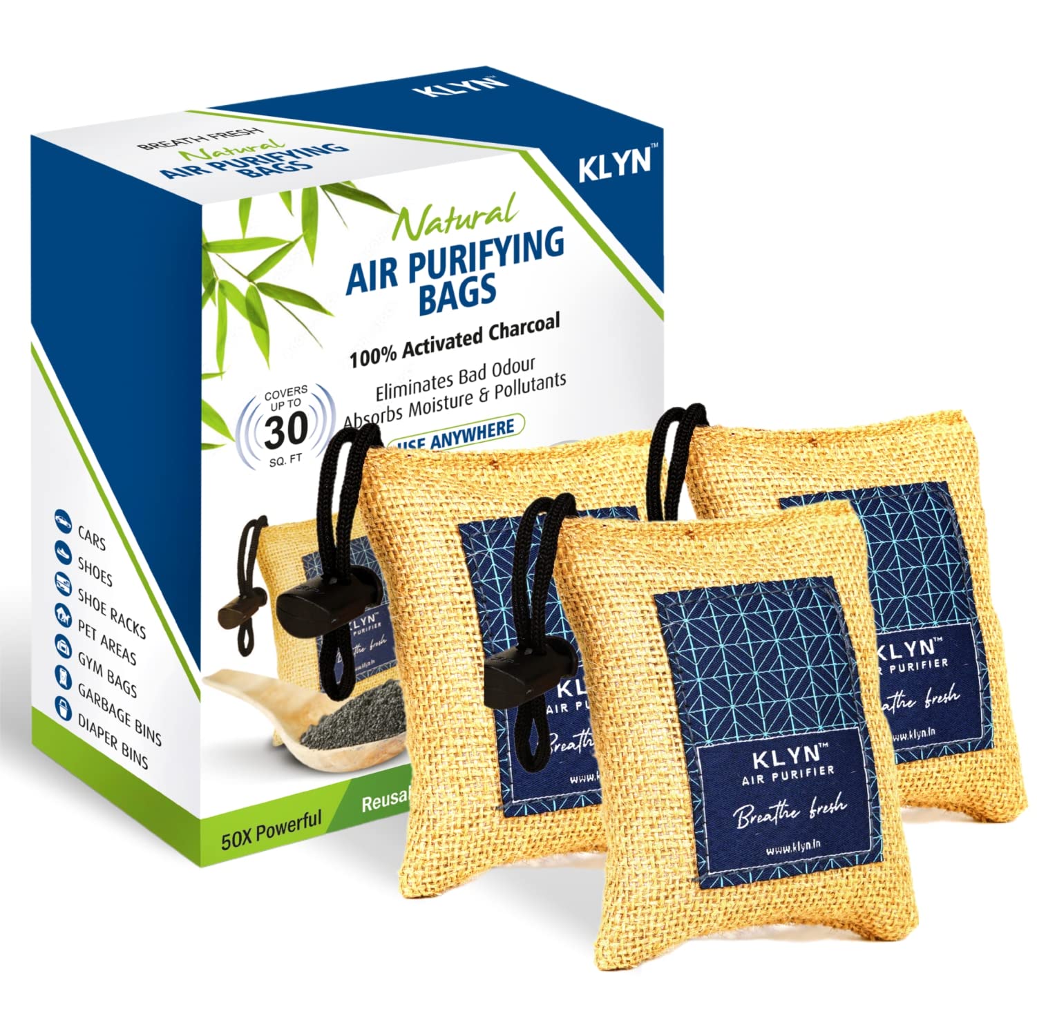KLYN Non Electric Activated Charcoal Air Purifier Bag - 75gm (Pack of 3) | Odour & Moisture Absorber | 50x Powerful | Natural