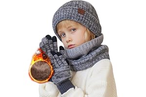 TMEOG Bonnet Enfant Cache Cou Gants Garcon Fille Tour de Cou Polaire Snood Bonnet Hiver Gants Tactiles Ensemble Bonnet Echarpe Gant 4-10 Ans