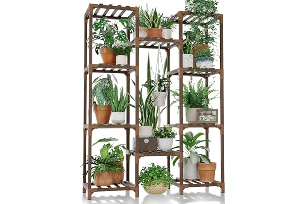 Bamworld Soporte para Plantas Estantería para Plantas de Exterior e Interior Estante para Colgar Varias Plantas, Jardinera Alta de Madera para Salón, Patio, Balcón, Jardín, Marrón