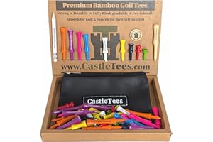 Castle Tees Official Bamboo Golf Tees up to 140 Tees 9 Sizes & Colours Premium Super Strong in Orange Purple Pink Sky Blue White Yellow Navy Blue Red Green Free Pitch Repair Tool