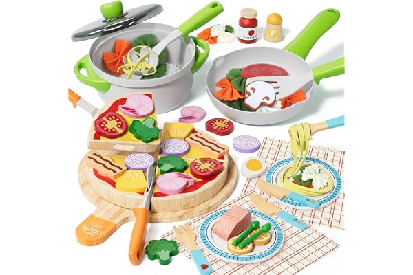 Lehoo Castle Pizza et Pâtes en Bois, Accessoires de Cuisine pour Enfants avec Casseroles et Couverts, Jouets de Cuisine Rôle, Cadeaux pour Les Enfants de 3, 4 et 5 Ans