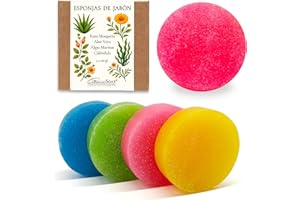 CABRERIZO SOAP 4 Esponjas Jabonosas – Jabones artesanales, Jabones para regalar - Esponjas de Jabon Glicerina Vegetal 2 en 1 - Pack 4 × 100 g Esponja baño - Rosa Mosqueta, Aloe Vera, Algas y Caléndula