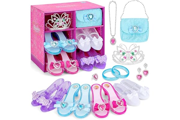 deAO Chaussures de Princesse avec 4 Paires de Chaussures de Jeu, 1 Sac à Main et Accessoires de Bijoux pour Filles âgées de 3, 4, 5, 6 Ans, Bracelets, Colliers, Boucles d'oreilles et diadème, Cadeau