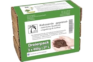 Humusziegel Brique d'humus - terreau de semis en Fibre de Coco - 27 L - 3 x 650 g - Naturel et sans Tourbe - Convient comme Sol de Palmier, terreau pour piments et terreau pour Plantes