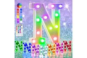 HEYCOLOR Colorful LED Marquee Letter Lights, RGB Shiny LED Letters with Remote, Glitter Light Up Letters Marquee Signs Battery Powered, Christmas Birthday Home Wedding Party Decoration, Letter N