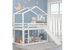 Moimhear Kinderbett Hausbett 90 x 200 cm, Niedriges Etagenbett mit Rutsche, Massivholz-Etagenbettrahmen mit Lattenrost (Weiß)