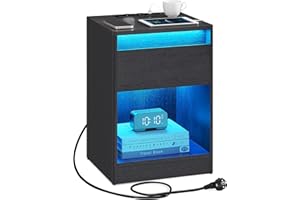 ‎VASAGLE VASAGLE Stolik nocny z regulowanym oświetleniem LED, stolik pomocniczy z gniazdkami, szuflada, 2 gniazda AC, 2 porty USB, nowoczesny, do sypialni, salonu, popielaty LET618T22