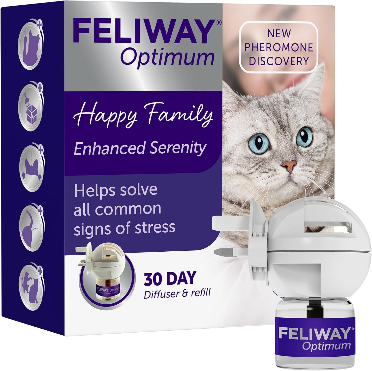 Feliway Optimum 30 Day Cat Calming Odourless Plug-In Pheromone Diffuser Starter Kit, 48ml - Helps Solve Signs of Stress in Ca