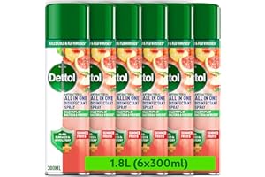 Dettol, Antibacterial All In One Disinfectant Spray, Summer Fruits, 1.8L (300ml x 6pck) Household Sanitiser, Hard Surfaces, Upholstery, No Wiping Required, Kills 99.9 Percent of Germs