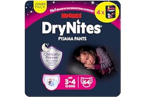 ‎DRY NITES Huggies DryNites hochabsorbierende Nachtwindeln bei Bettnässen, für Mädchen 3-5 Jahre, 4 x 16 Stück (insg. 64 Stück), Monatspackung Windel-Pants