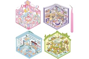 Wnqou 4 juegos de pegatinas DIY 3D Casa con adorable Panda Casa de té y en miniatura Hot Spring Cottage Escenas - Dibujos animados lindos para adultos, niños, diversión Magic House Juegos de pegatinas