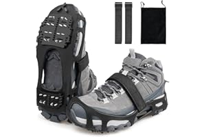 JSHANMEI Ice Snow Grips, Ice Cleats for Shoes and Boots 24 Studs Crampons Anti-Slip Snow Traction Cleats Overshoe Slip-on Stretch Footwear for Winter Hiking Climbing Ice Fishing