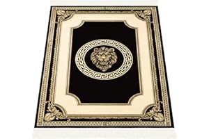 Belle Arti Designerski dywan premium do salonu, sypialni, z krótkim w?osiem, wzór lewa, meandra, w kolorze czarno-z?otym, antypo?lizgowy, z fr?dzlami nowoczesny, mi?kki, jedwabny po?ysk 100%