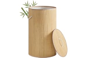 SONGMICS Panier à Linge avec Couvercle, 90 L, Corbeille à Linge Sale en Bambou, Rond, avec Poignées, Pliable, Sac Amovible Lavable en Machine, Couleur Naturelle LCB078YZ01