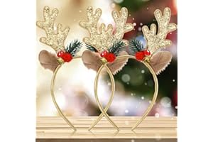 PEOVLVN 2 Pcs Christmas Headbands for Adults, Glitter Christmas Headband Antler Headband with Bell Hair Accessories for Holiday Party Decorations Costume Accessory