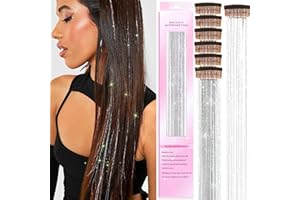 CWAWF Clip in Hair Tinsel Kit, 6 Stück 20 Zoll hitzebeständige glitzernde Feenhaar-Lametta-Clip-in-Extensions, glänzend funkelnde Haar-Accessoires für Frauen, Mädchen, Kinder (Clip-Silbrig)