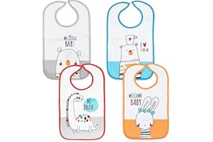 Ti TIN | Lot de 4 Bavoirs ImpriméÉponge Imperméable, 25x39 cm | 73% Coton - 27% Polyester - Bavoirs pour Bébés de 6 à 12 mois - Fermeture avec Scratch - Doublure Vinyle - Motif Animaux - 140g/m²