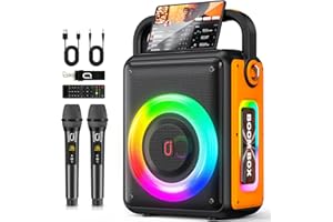 HWWR Karaoke Maschine mit 2 drahtlosen Mikrofones für Erwachsene, Tragbaren Bluetooth Karaoke Anlage Lautsprecher mit RGB-Licht für Hausparty, Partybox Unterstützt TF/USB, AUX,Rec,TWS