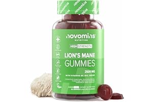 Gommes Lion’s Mane – Extrait 2500 mg + Vitamines B6, B12, Iode – Focus, Mémoire & Système Nerveux – Nootropique Vegan Sans Sucre – Champignon Adaptogène Crinière de Lion – 60 Gommes – Novomins