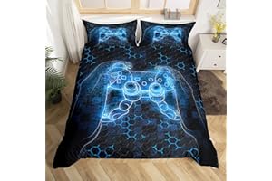Homemissing Gamer Housse de Couette Kids Gaming Video Game Parure de Lit 220x240cm Console de Jeux Honeycomb Parure Housse de Couette pour Garçons Game Room Decor Bleu Noir Hexagone Géométrique