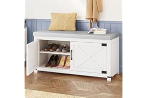 Hzuaneri Shoe Storage Bench with Padded Seat, 2 Tier Shoe Rack Bench with 2 Barn Doors, Adjustable Shelves, Shoes Cabinet with Cushion for Hallway, Living Room, Bedroom, Entryway, White SB26603GY