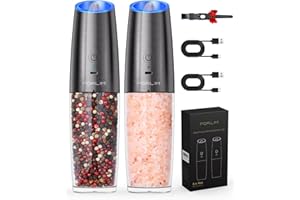 FORLIM 9Oz Large Capacity Gravity Electric Salt and Pepper Grinder Set, USB Rechargeable Automatic Salt and Pepper Shakers with LED Light, Adjustable Coarseness, Pepper Mill (Metallic Gunmetal)