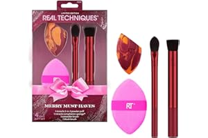 ‎REAL TECHNIQUES Real Techniques Merry Must-Haves 4-Piece Set with Miracle Complexion Sponge, 2-in-1 Powder Puff, Kitten Paw Concealer Brush & Filtered Cheek Brush, Vegan, Cruelty-Free, Flawless Makeup Tools