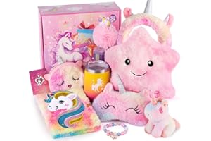 vamei Unicorn Gifts for Girls Age 4 5 6 7 8 Unicorn Toys Birthday Gift with Light Up Star Pillow Unicorn Plush Diary Pen Water Bottle Bracelet Eye Mask Unicorn Present for Girls
