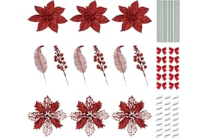 ilauke 30Pcs Poinsettia Artificial Flowers Red Christmas Tree Decorations, Glitter Artificial Christmas Foliage, Berry Stems and Bow for Xmas Tree Wreath Table Wedding Party Decor
