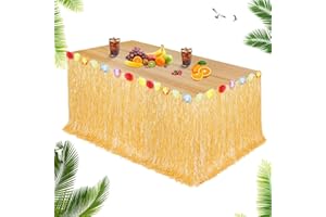 Aomig Hawaiian Grass Table Skirt, Hawaiian Tropical Party Decoration Grass Table Skirt, 275 x 75 cm Grass Table Cloths with Flowers for Luau Party Hawaiian Party Birthday Tiki Bar Tropical Hula Party