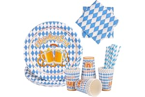 MengQiLe 97 Stück Partygeschirr Oktoberfest Wiederverwendbar Papier Geschirr Set Oktoberfest Partyzubehör Enthält Pappteller Geburtstag, Servietten,Tassen, Stroh (Blau, 24 Gäste)