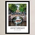 Eviepops Prints Amsterdam City Netherlands Unframed A3 Travel Print, Photographic City Destination Art Poster, Home Décor Wall Art, Canal Boat Bridges Bicycles, Red Green, 42cm x 29.7cm (A3)