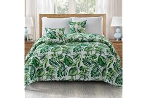 ‎EUROMAT Euromat Tagesdecke Steppdecke Bettüberwurf Gesteppte Tagesdecke mit 2 Kissenbezüge 40x40 cm- (Grün Weiß Ecru- Jungle, 220x240 cm)