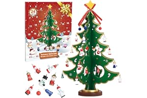 LEMESO Calendario de Adviento Mini Árbol de Navidad de Madera 3D con 24 Decoraciones Colgantes para Árbol de Madera DIY Juguete de Regalo para Niños, 35,5cm