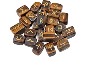 mookaitedecor 25 Pièces Oeil de Tigre Pierre Runes Divinatoires Pierres Poli Roulée Gravée Cristal pour Reiki Guérison Décoration