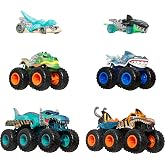 Hot Wheels oyuncak arabalar ve Monster Trucks, K&ouml;pek Balığı ve Dinozor &ccedil;oklu paketi, 2 b&uuml;y&uuml;k tır, 1:64 &ouml;l&ccedil;ekli 2 Monster Truc