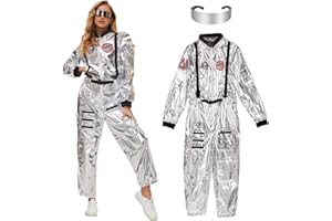WELLCHY Astronauten Kostüme Silber, Spaceman Kostüm Set Unisex, Raumfahrer Kostüm mit Brillen, Astronauten Overall Erwachsene für Cosplay Party Karneval Fastnacht Kleidung