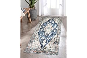KIMODE Boho Area Rugs for Bedroom 60 x 130cm, Soft Washable Rugs Non-Slip bedside rug Low-Pile Vintage Rugs Living Room Indoor Entry Non Shedding Floor Rugs for Bedroom, Kitchen, Hallway (Blue)