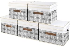 TYEERS Boîte de Rangement avec Couvercle Pliable, Tissu, Patchwork, Rangement Tissu, 38x25x25 cm, Lot de 5, Gris