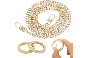 BETESSIN 120cm Cadena de Bolso Dorada con Hebillas, Cadena Repuesto de Metal Dorada de Cartera, Correa Hierro Bolso Kit Mosquetón Redondo, Anillo Resorte de Aleación para Bolso, Cadena+Mosquetón