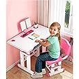 Toshionics Adjustable Kids Study Desk And Chair Set Educational Table with Ergonomic Design Safe Construction Ample Storage Ideal for Home Learning Nursery Creativity Growing Baby Child (Pink)