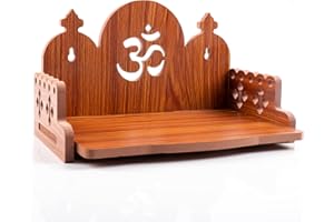 TARINI GALLERY Wooden Wall Mounted Hanging Table top Temple Pooja Mandir Stand Shelf for Storage and Idols Decoration for Home Office and Gifting (Brown- Om Design2)