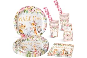 CSYY First Party Tableware Set for 24 People, 120Pcs Paper Birthday Dinnerware Set, Wild ONE Year Girl Party Tableware with Animals Jungle Safari for Kids, Party Plates Napkins Cups Straws Party Supplies