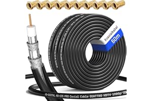 HB-DIGITAL Kabel koncentryczny 50 m SAT 135 dB 8K 4K UHD 4-krotnie ekranowany do DVB-S / S2 DVB-C / C2 DVB-T / T2 DAB+ radio + w zestawie 10 x pozłacane złącza F BK urządzenia - stalowy/miedziany