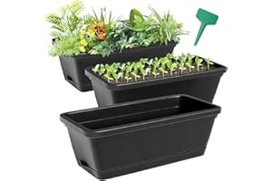CEED4U 17 Inches 3 Packs Black Window Box Rectangular Flower Vegetable Planter Boxes Plastic Flower Pot with 15 Pcs Plant Labels, Plant Container with Saucer for Windowsill, Patio, Garden, Home Décor