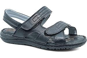 Lusco Mens Open Toe Full leather Comfort Indoor and Outdoor Summer Hook and Loop Strap Sandals